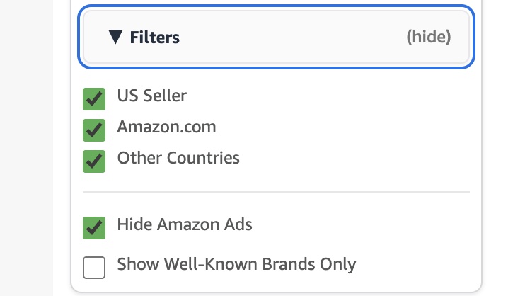 ShopVerix filtering interface with country and brand options